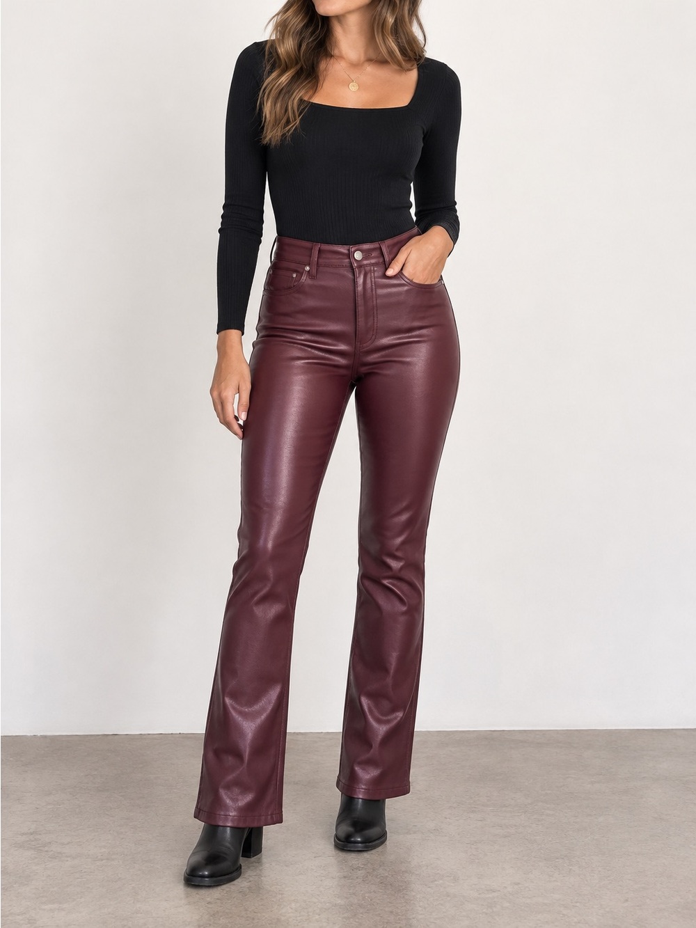 American Eagle Super High Rise Kick Boot Faux Leather Pants Burgundy Sz 4 Biker